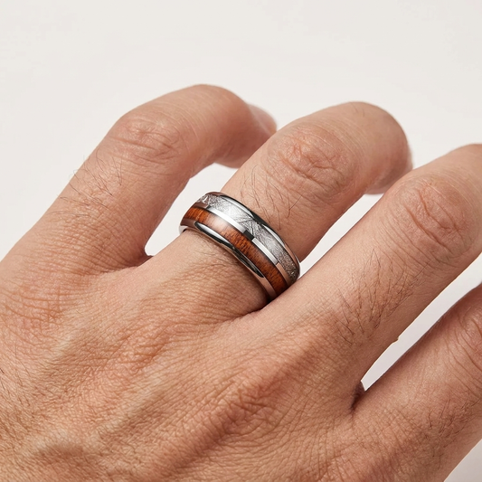 Koa Wood and White Meteorite Tungsten Ring