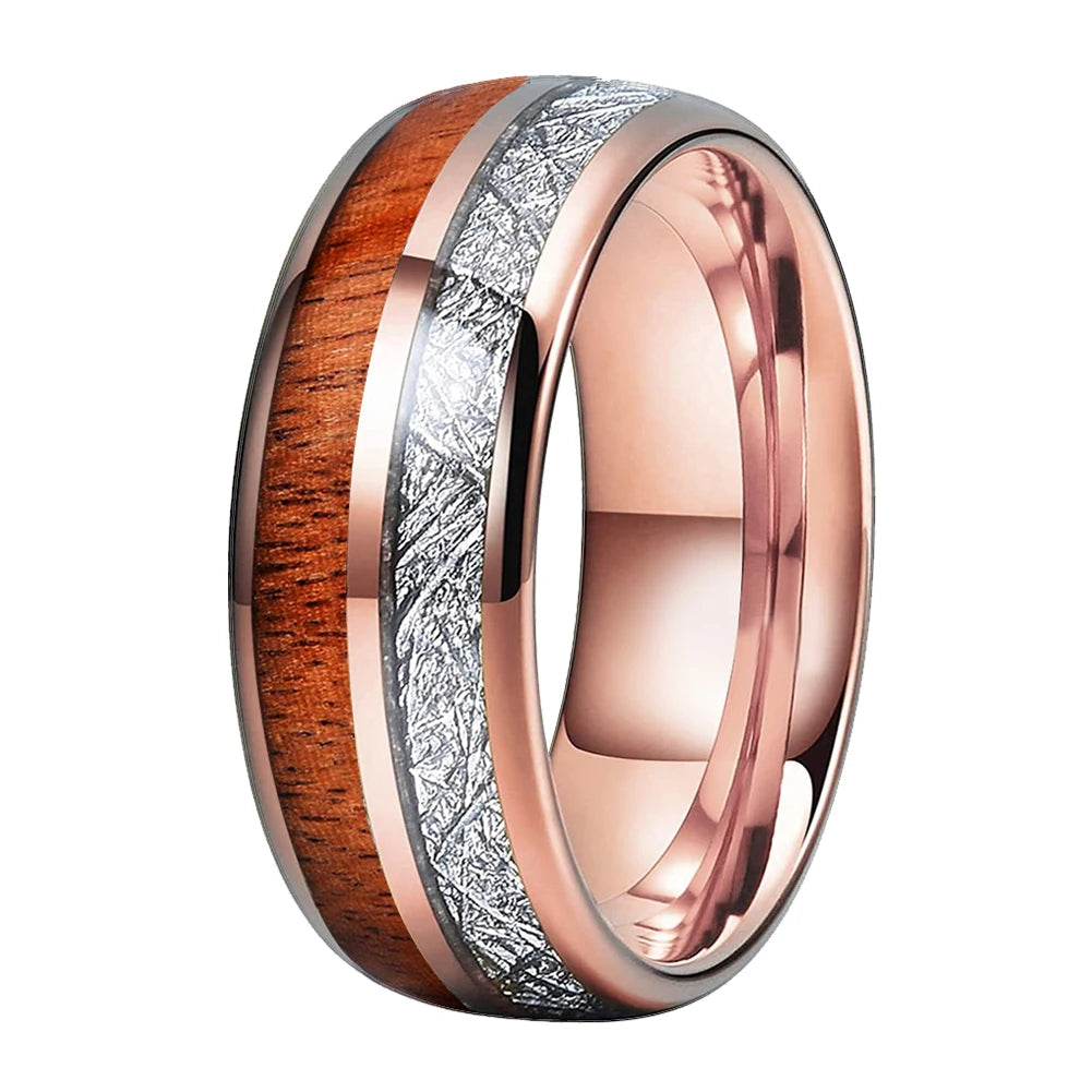 Koa Wood and White Meteorite Tungsten Ring
