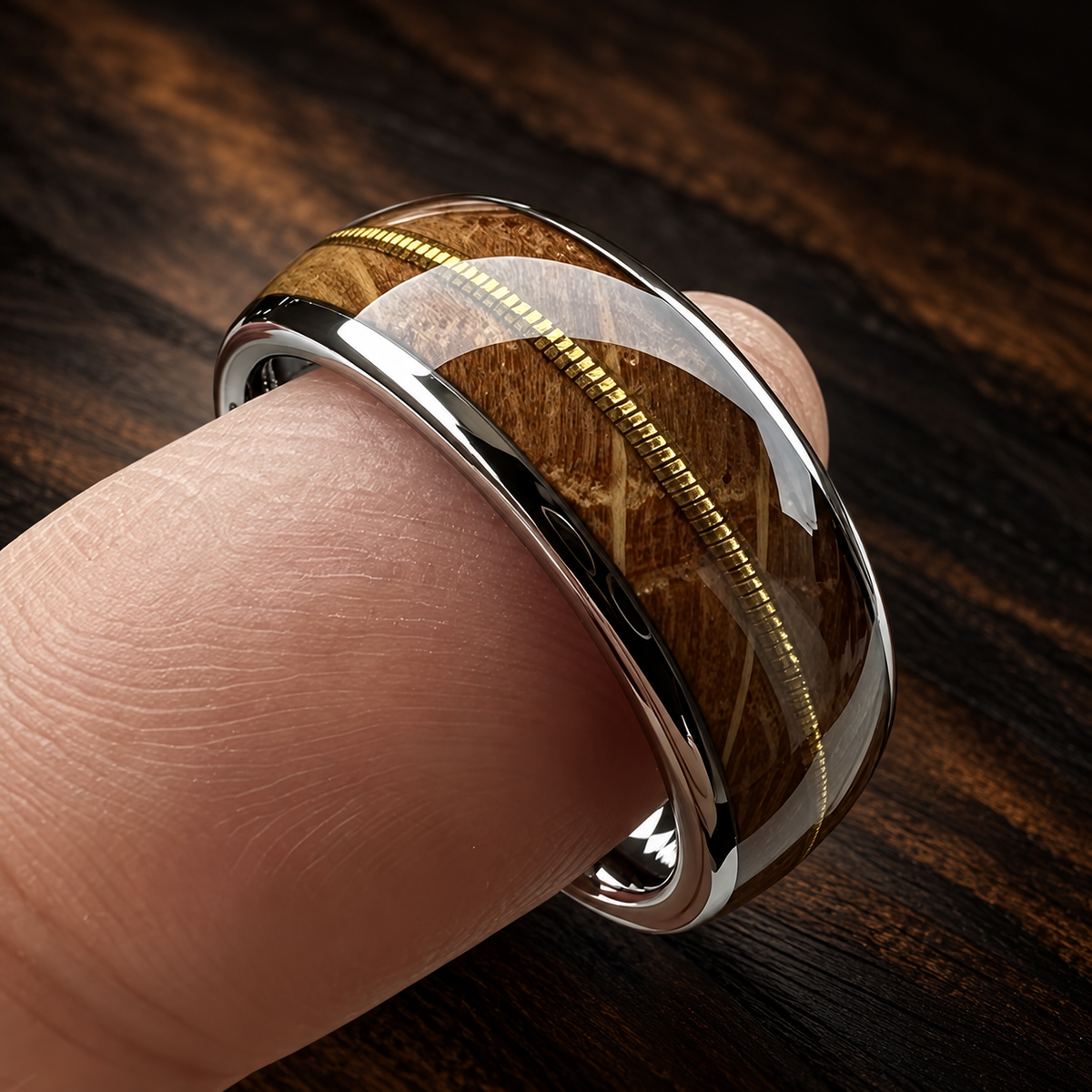 The Sixstring - Whiskey Oak and Guitar String Tungsten Ring