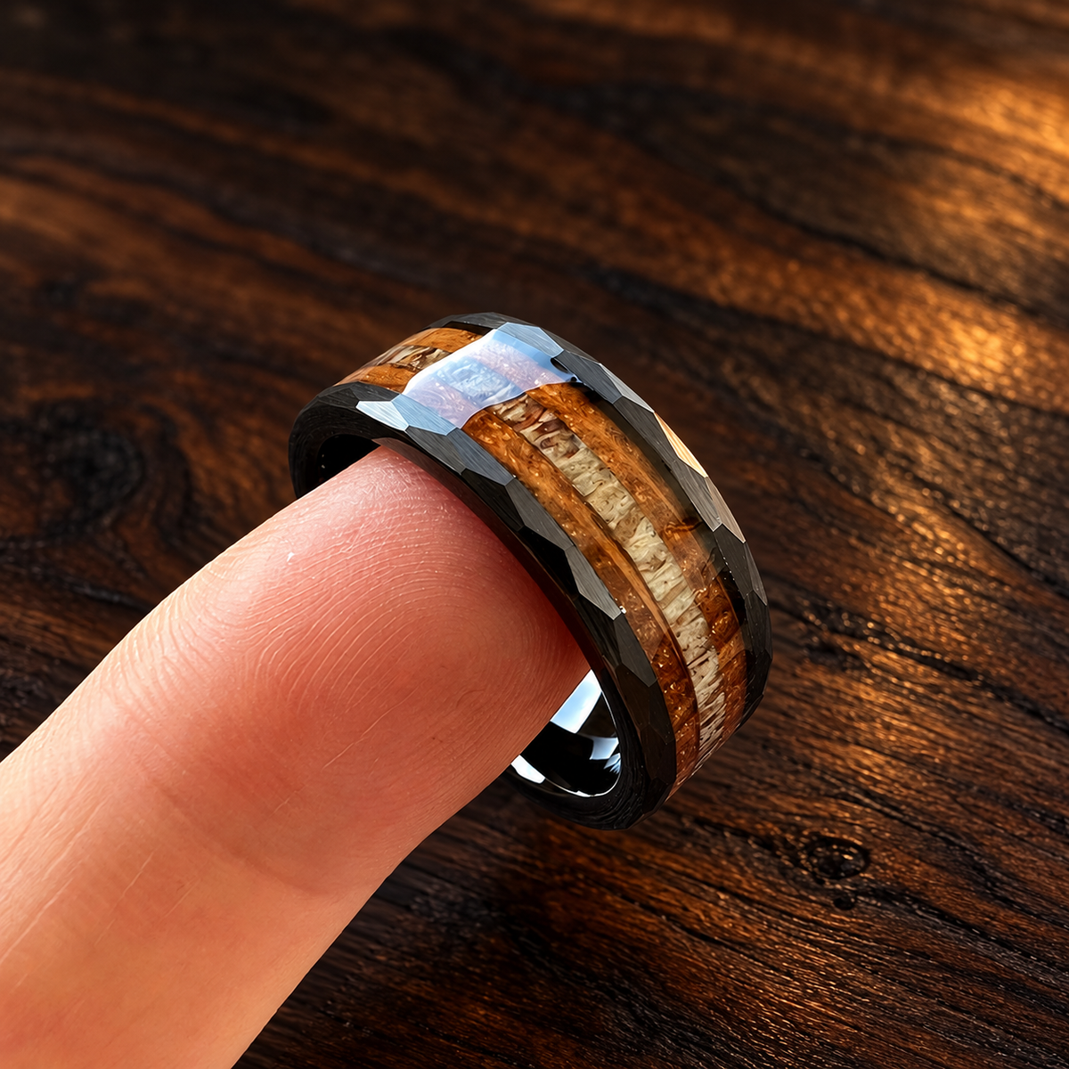 Hammered Tungsten Ring with Whiskey Wood and Antler Inlay