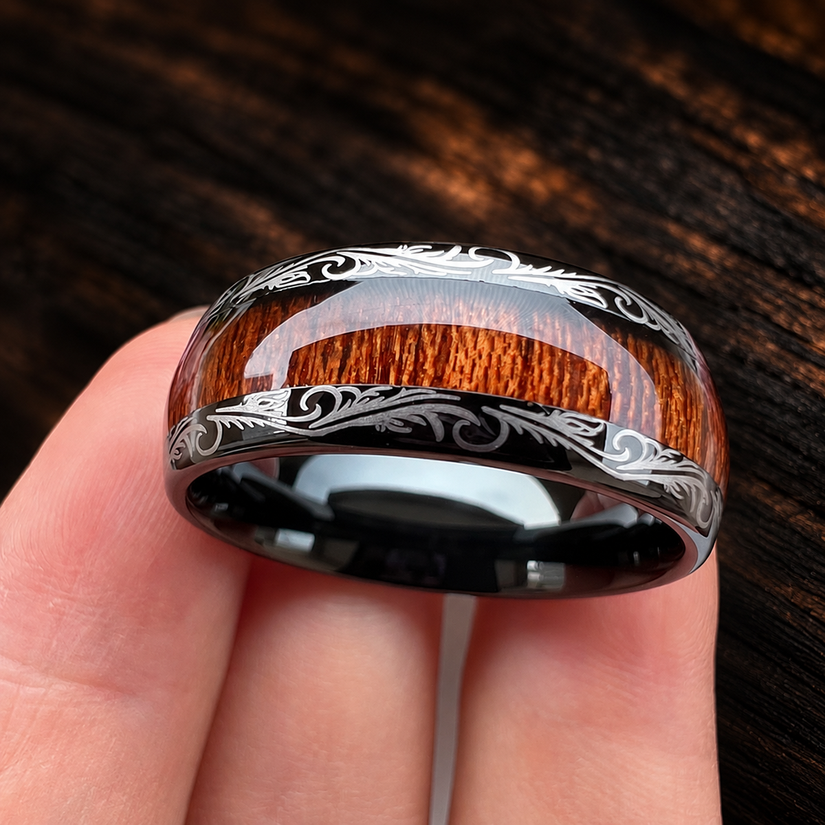 The Leafvein - Koa and Dark Red Wood Tungsten Ring
