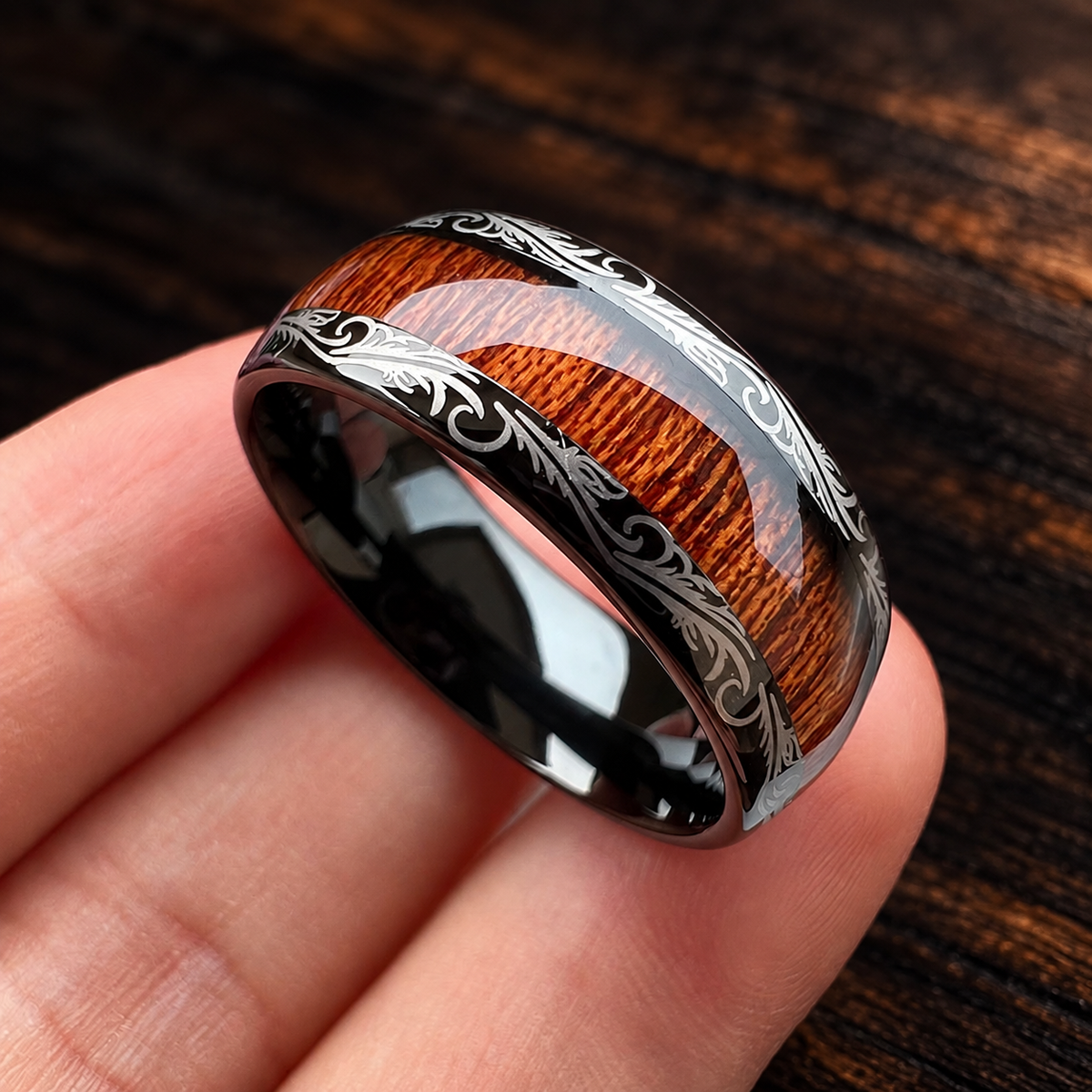 The Leafvein - Koa and Dark Red Wood Tungsten Ring