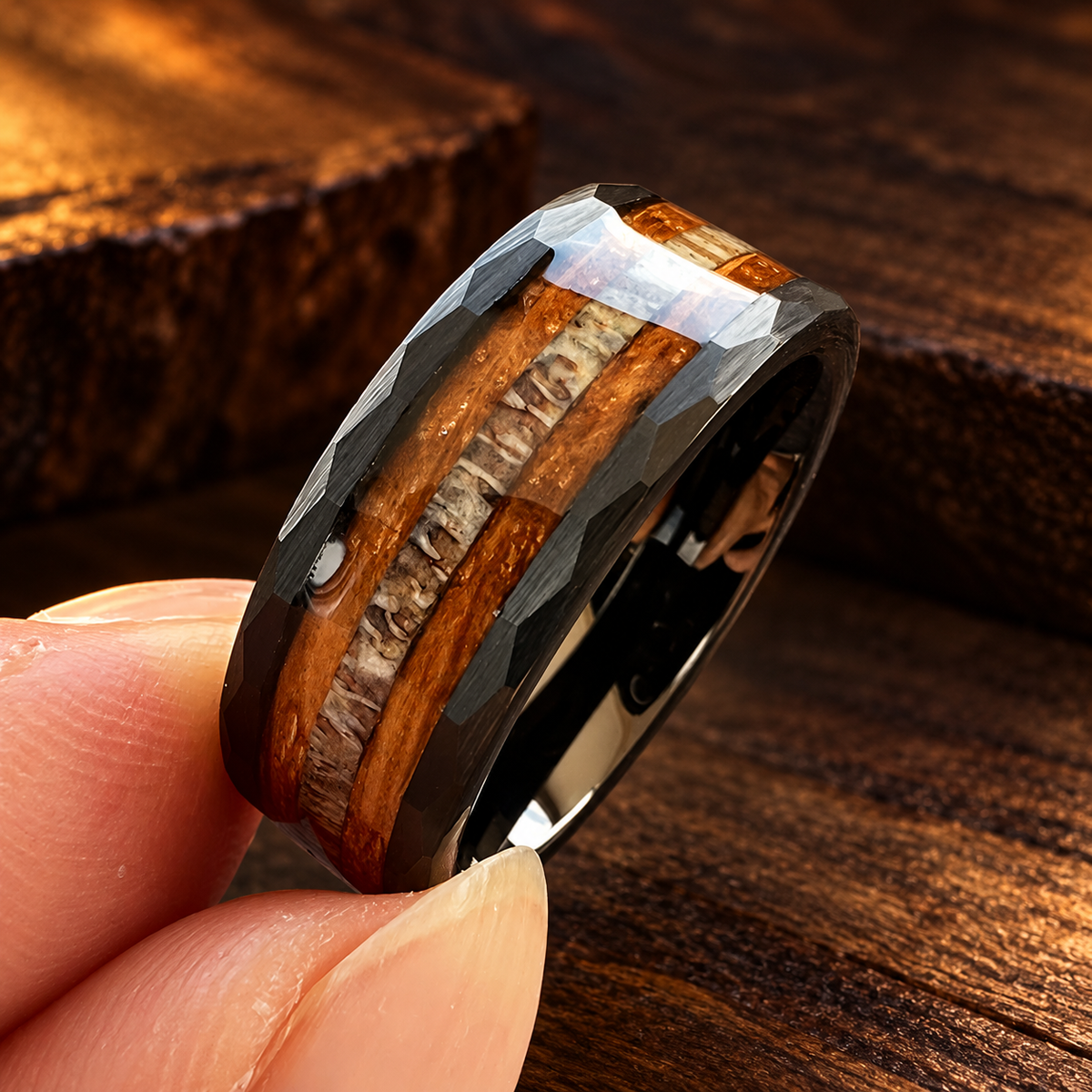 Hammered Tungsten Ring with Whiskey Wood and Antler Inlay