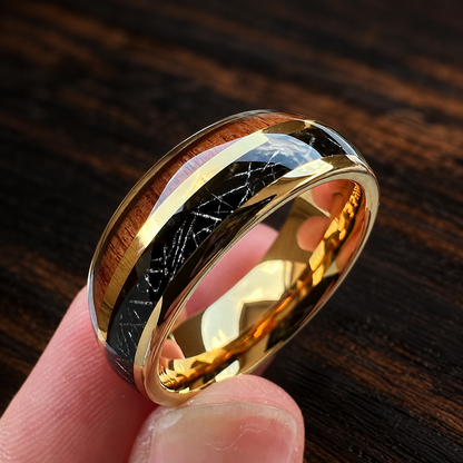 The Meteorkoa - Koa Wood and Black Meteorite Tungsten Ring