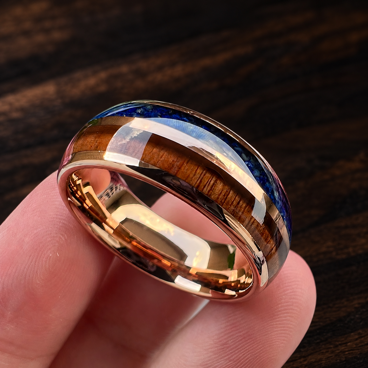 The Lapiswood — Blue Lapis and Koa Wood Tungsten Ring