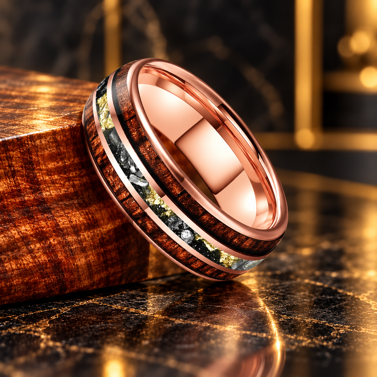 Hawaiian Koa Wood and Meteorite Tungsten Ring with Gold Foil