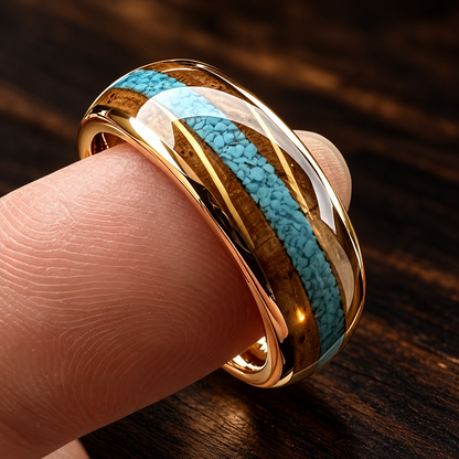 The Mesquite — Tungsten Ring with Whiskey Barrel Wood & Turquoise Inlay