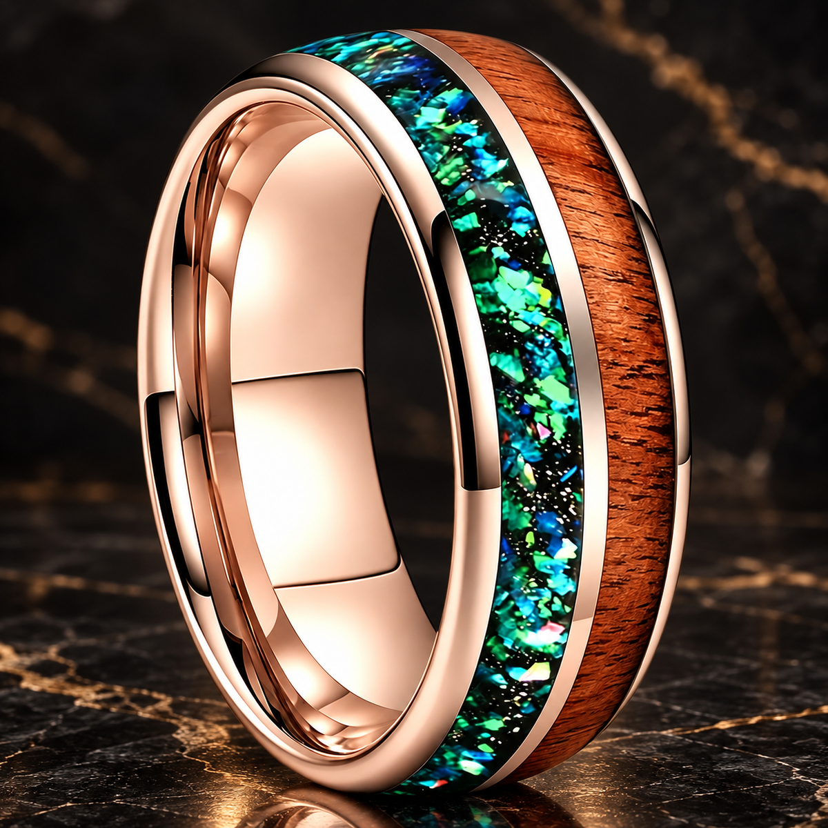 Green Opal Chip Wood Tungsten Ring