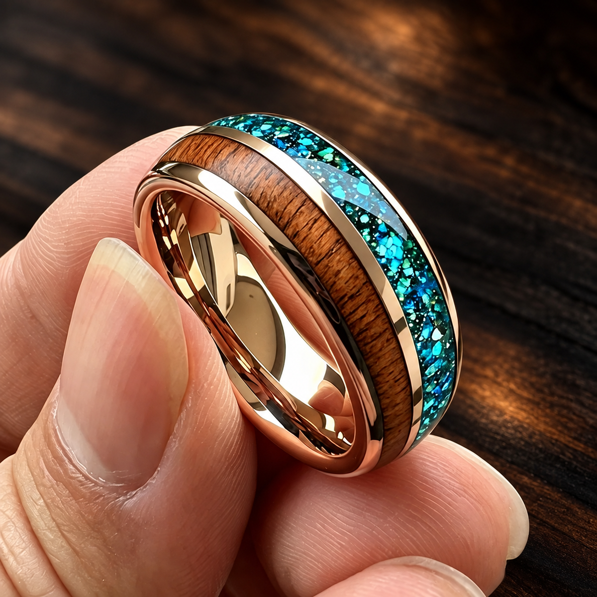 Green Opal Chip Wood Tungsten Ring