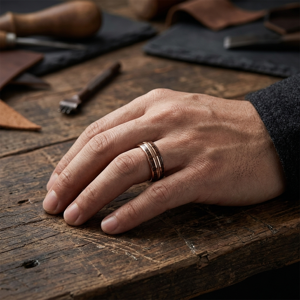 Rose Gold Tungsten Ring with Rosewood & Guitar String Inlay