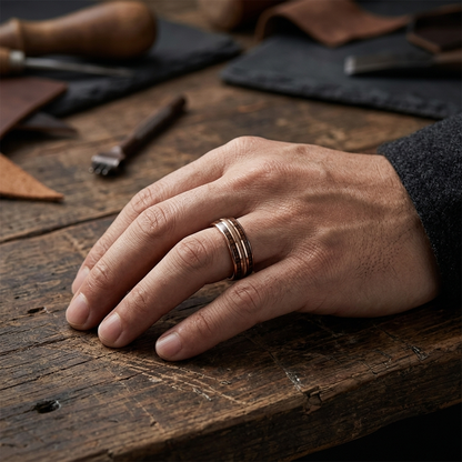 Rose Gold Tungsten Ring with Rosewood & Guitar String Inlay