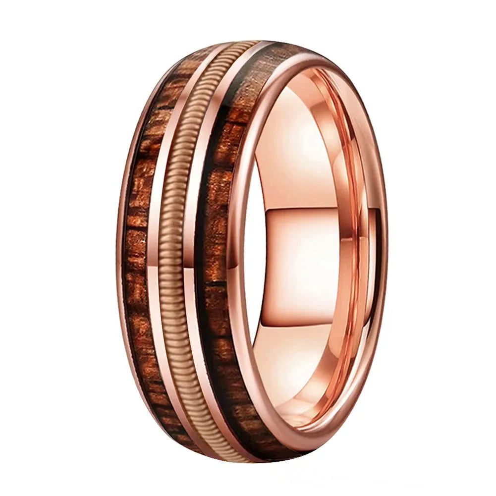 Rose Gold Tungsten Ring with Rosewood & Guitar String Inlay