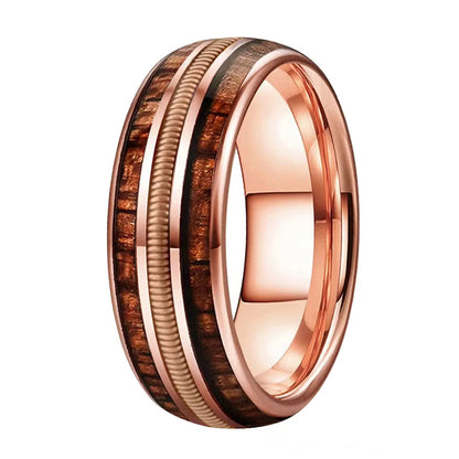 Rose Gold Tungsten Ring with Rosewood & Guitar String Inlay