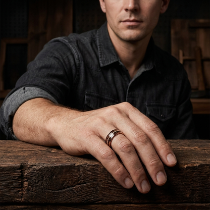 Rose Gold Tungsten Ring with Rosewood & Guitar String Inlay