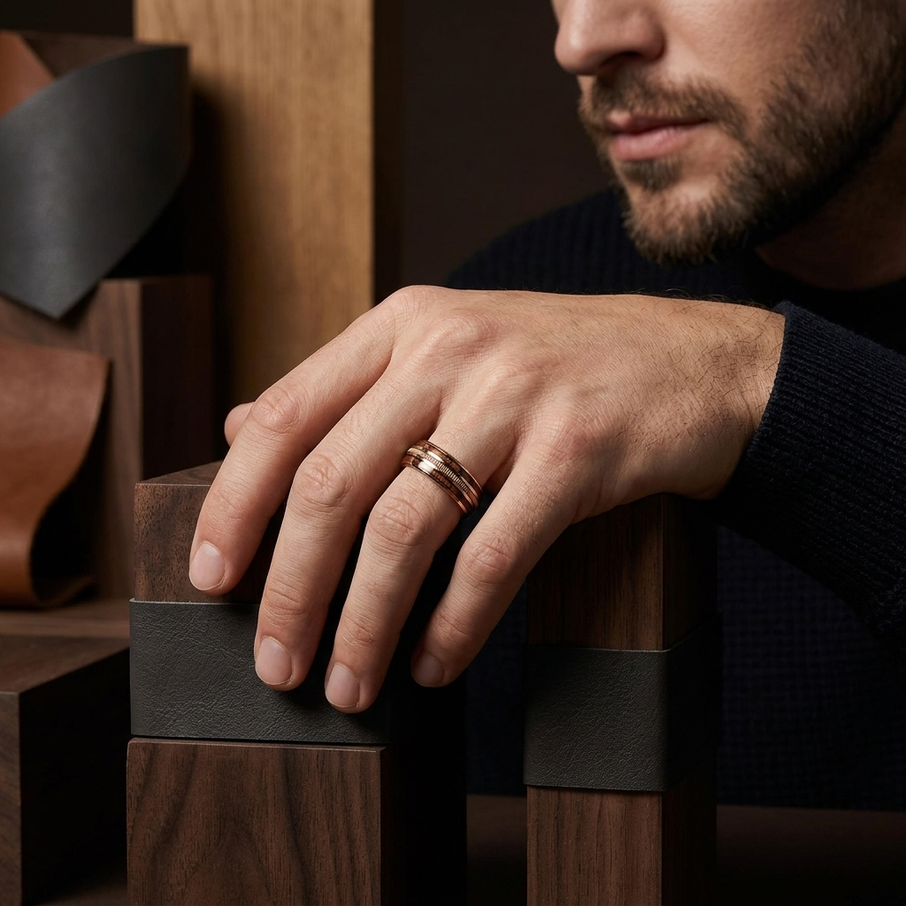 Rose Gold Tungsten Ring with Rosewood & Guitar String Inlay