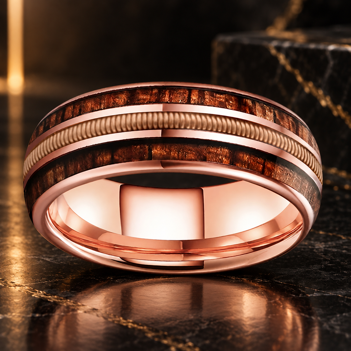 Rose Gold Tungsten Ring with Rosewood & Guitar String Inlay