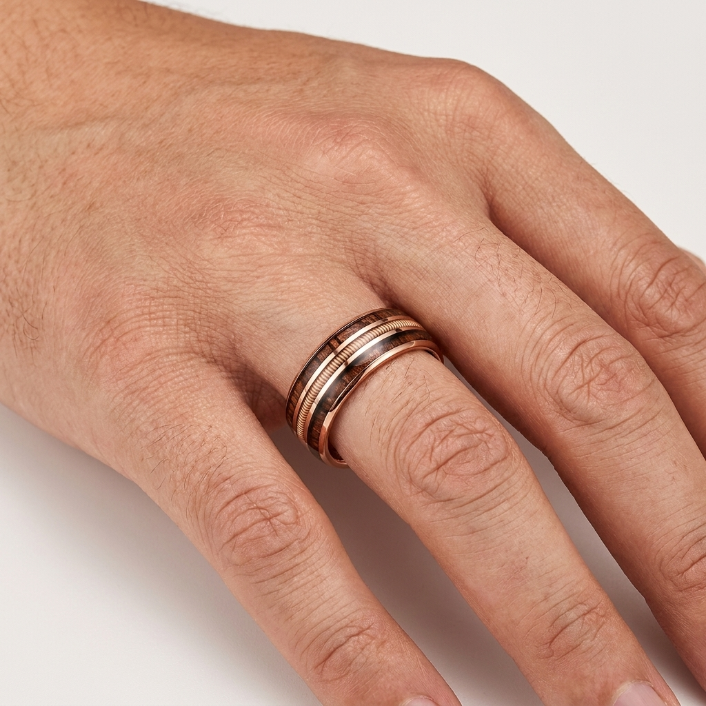 Rose Gold Tungsten Ring with Rosewood & Guitar String Inlay