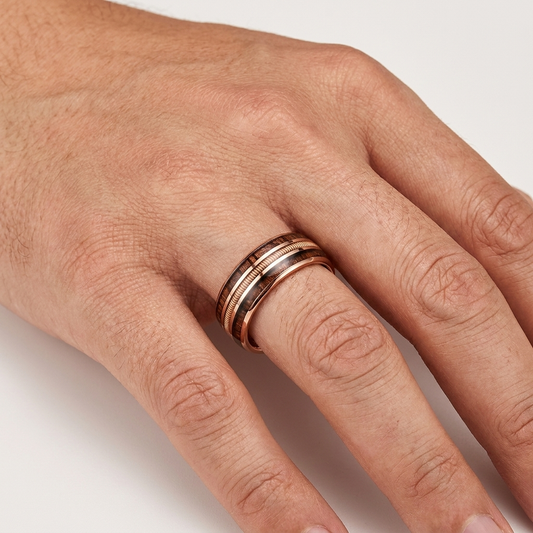 Rose Gold Tungsten Ring with Rosewood & Guitar String Inlay