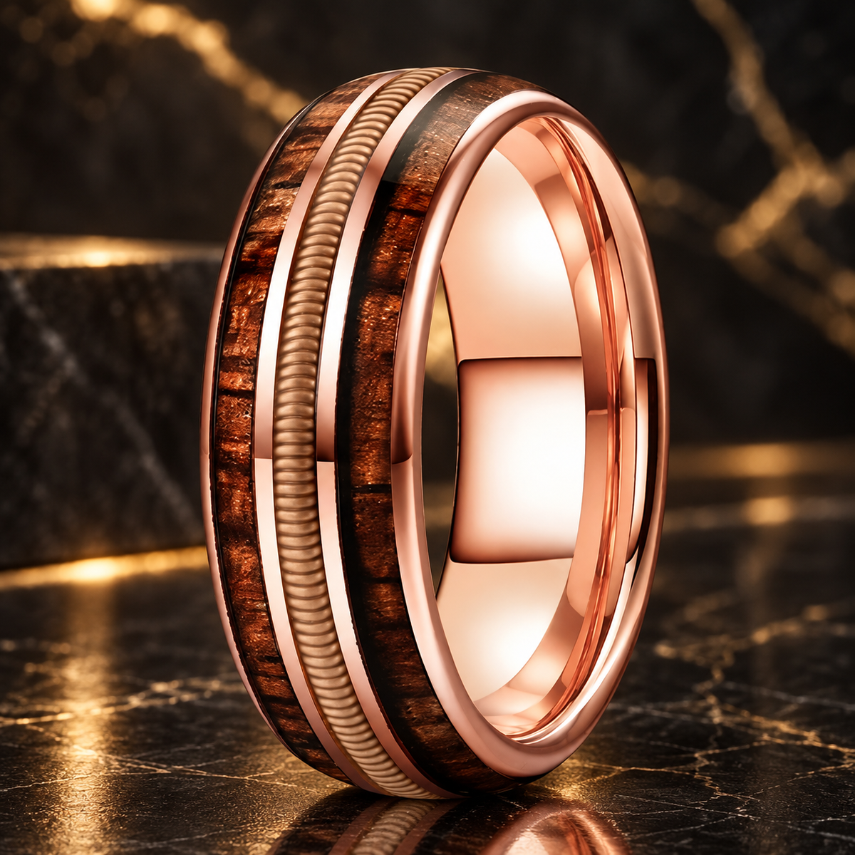 Rose Gold Tungsten Ring with Rosewood & Guitar String Inlay