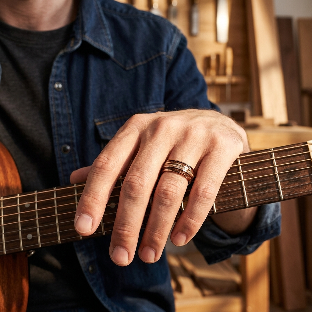 Rose Gold Tungsten Ring with Rosewood & Guitar String Inlay