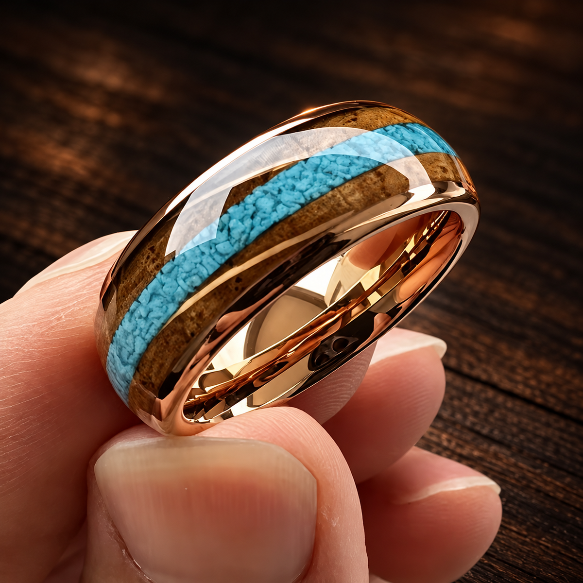 The Mesquite — Tungsten Ring with Whiskey Barrel Wood & Turquoise Inlay