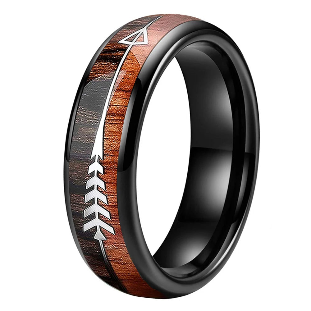 Wood and Arrow Inlay Tungsten Ring
