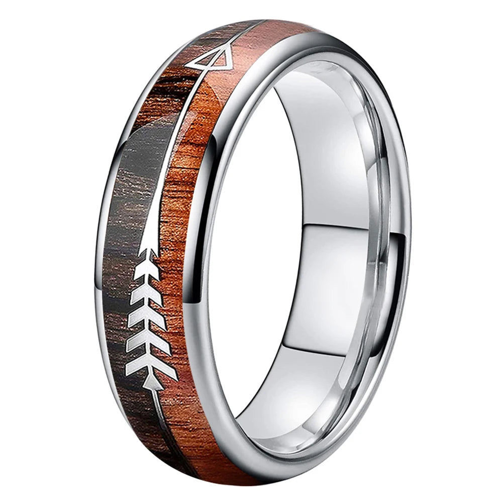 Wood and Arrow Inlay Tungsten Ring