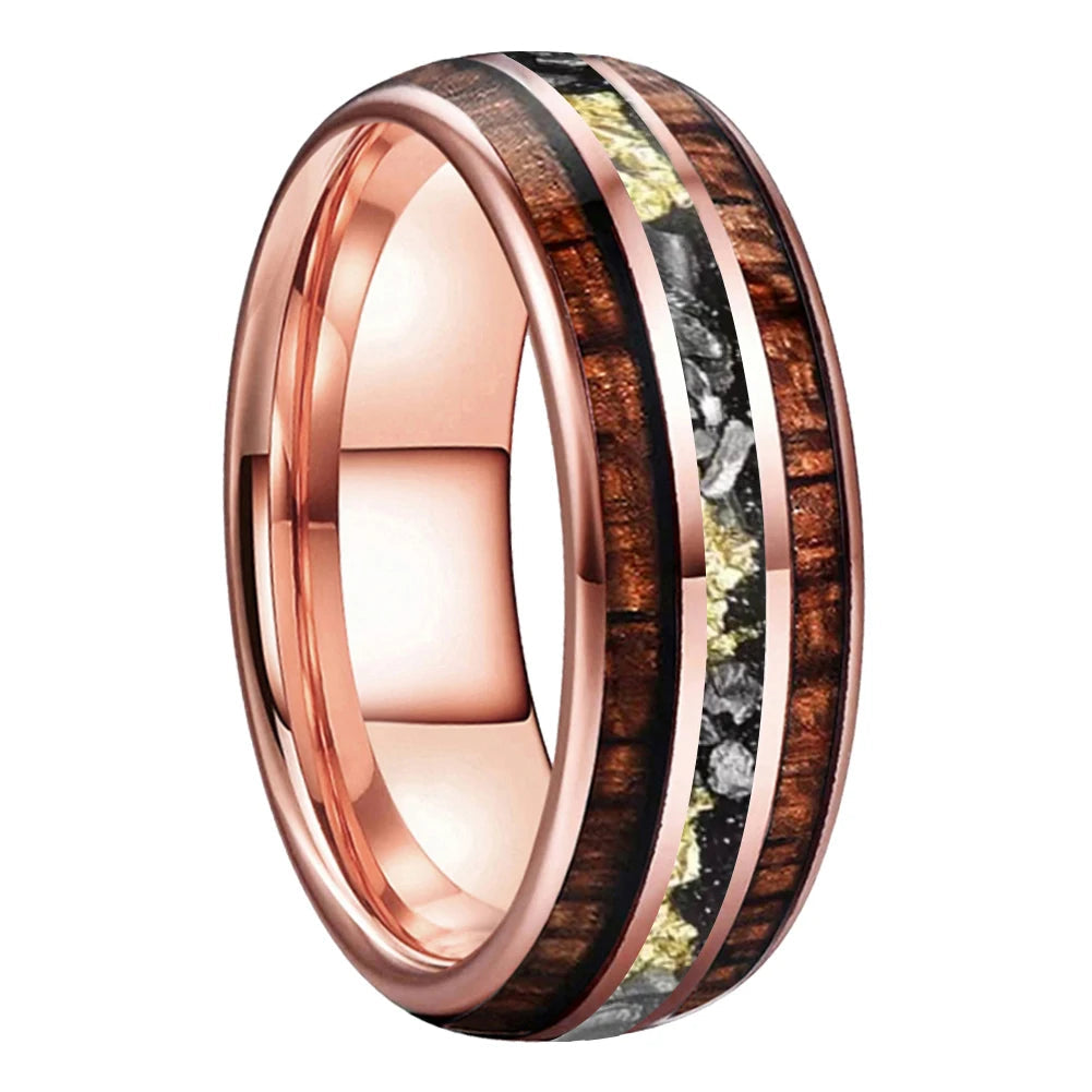 Hawaiian Koa Wood and Meteorite Tungsten Ring with Gold Foil