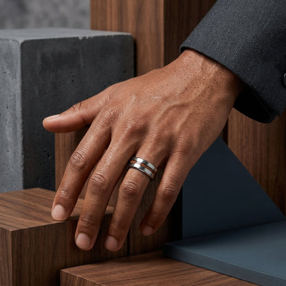 Silver Tungsten Ring with Wood inlay