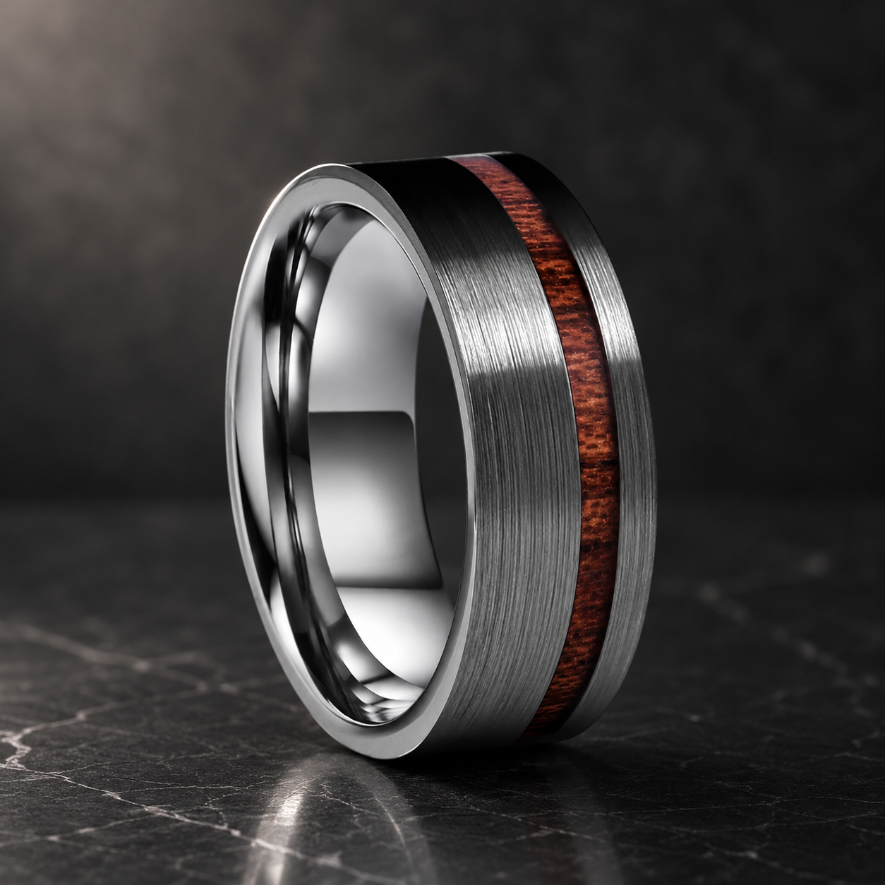 Silver Tungsten Ring with Wood inlay