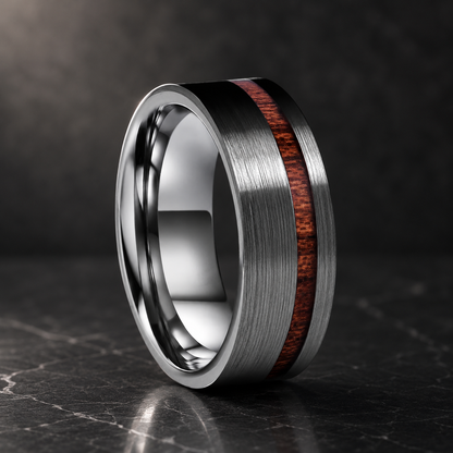 Silver Tungsten Ring with Wood inlay