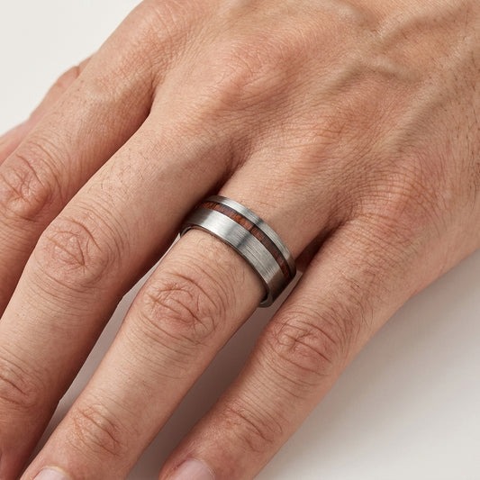 Silver Tungsten Ring with Wood inlay