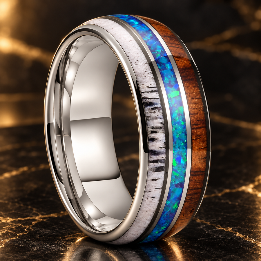 The Silverhorn - Silver Tungsten Ring with Deer Antler Blue opal & Wood inlay