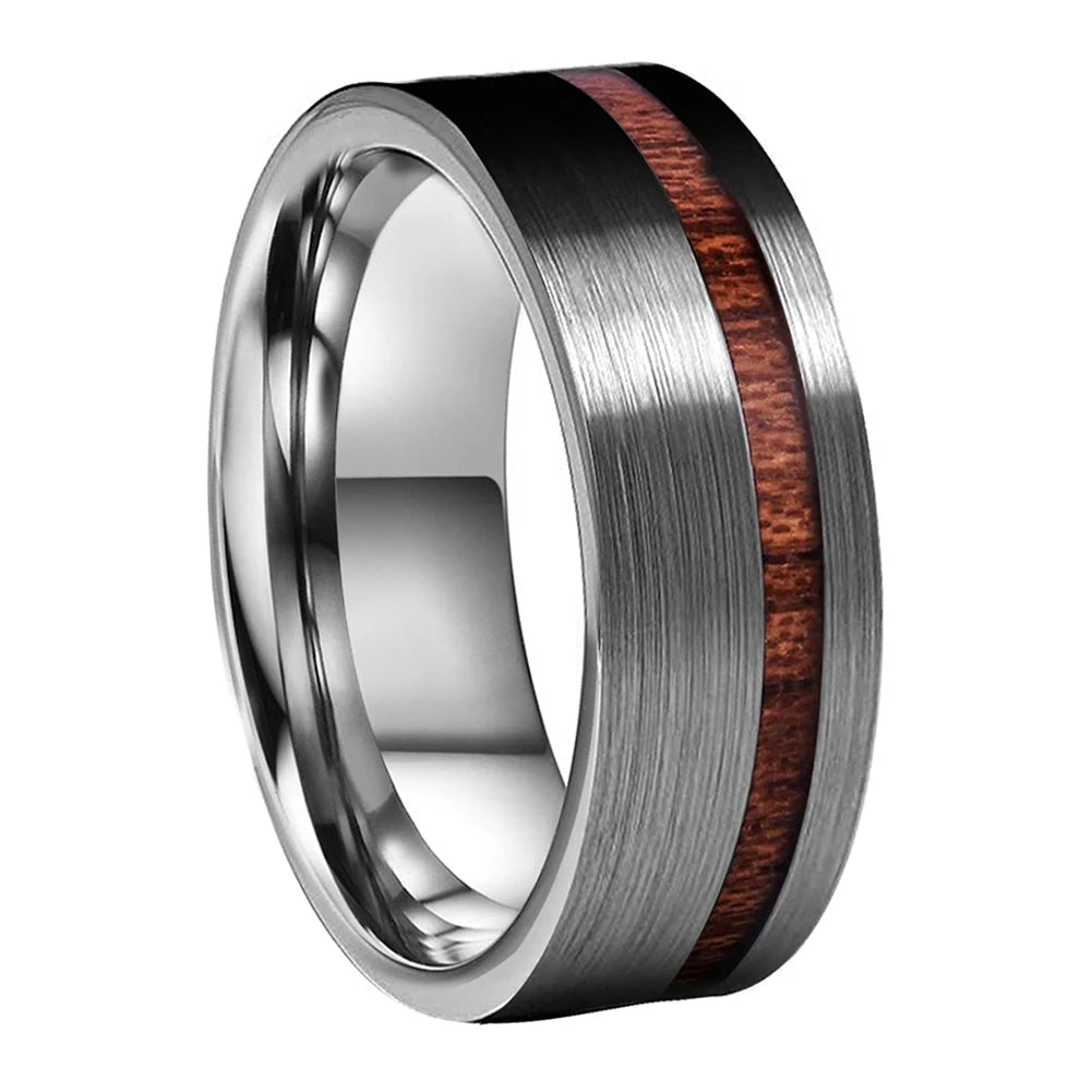 Silver Tungsten Ring with Wood inlay