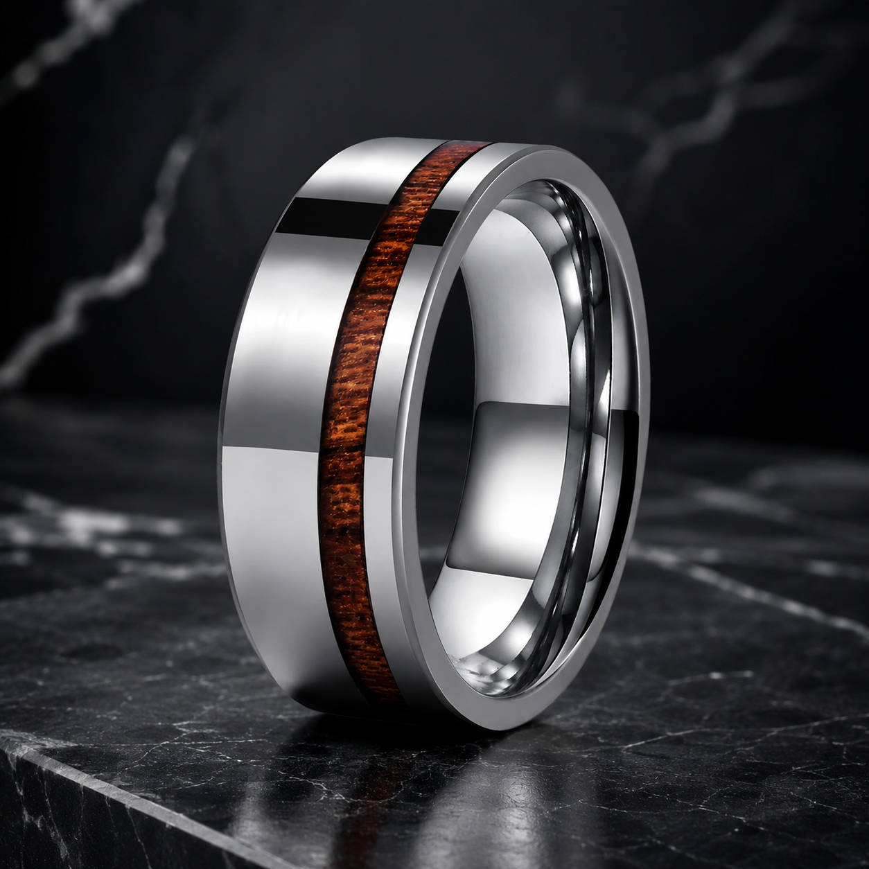 Silver Tungsten Ring with Wood inlay