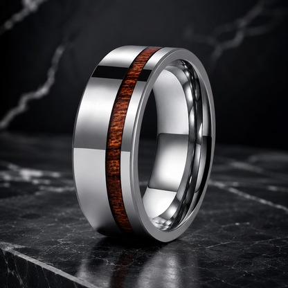 Silver Tungsten Ring with Wood inlay