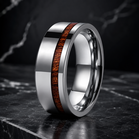Silver Tungsten Ring with Wood inlay