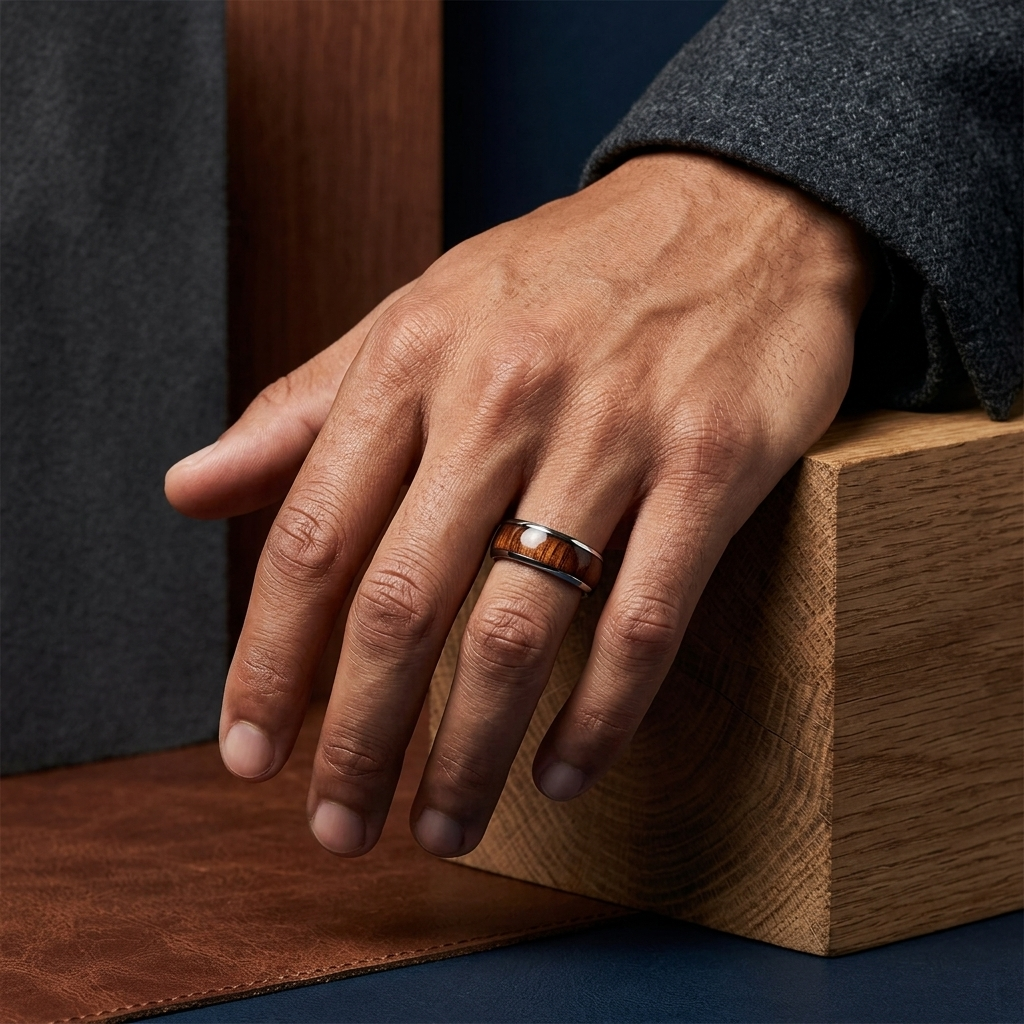 Silver Tungsten with Shallow Deep Redwood Inlay