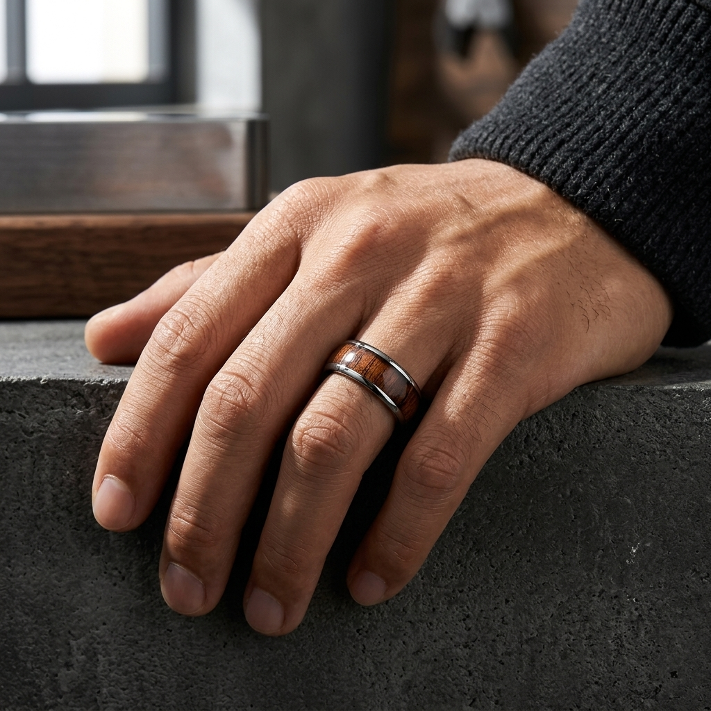Silver Tungsten with Shallow Deep Redwood Inlay
