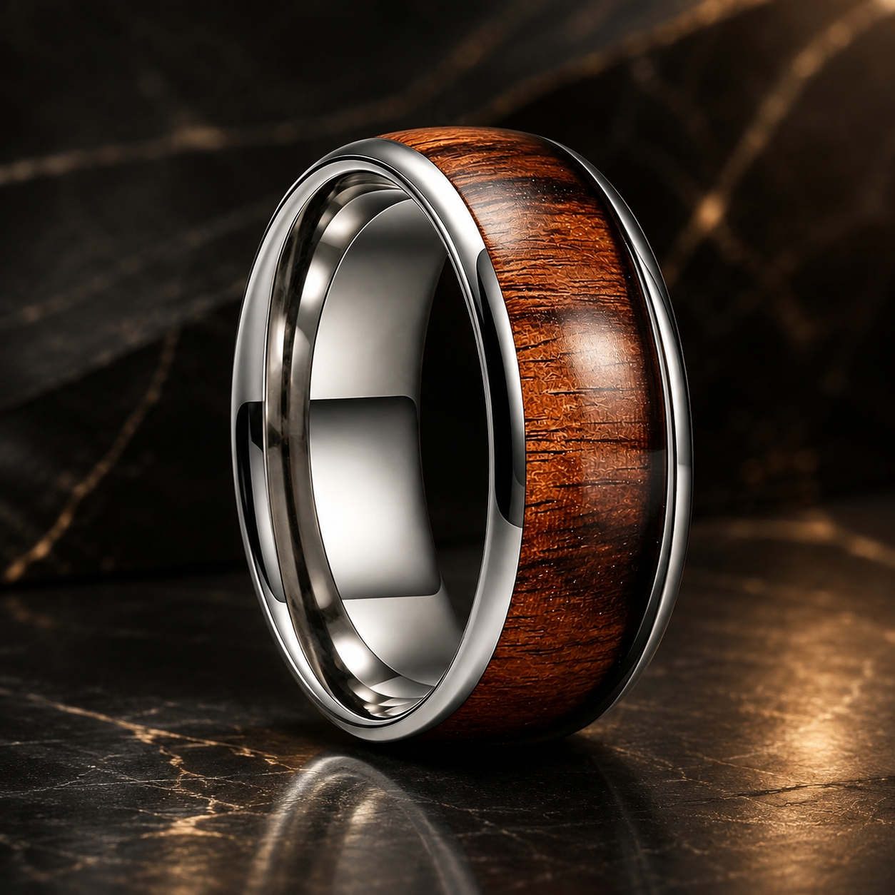 Silver Tungsten with Shallow Deep Redwood Inlay