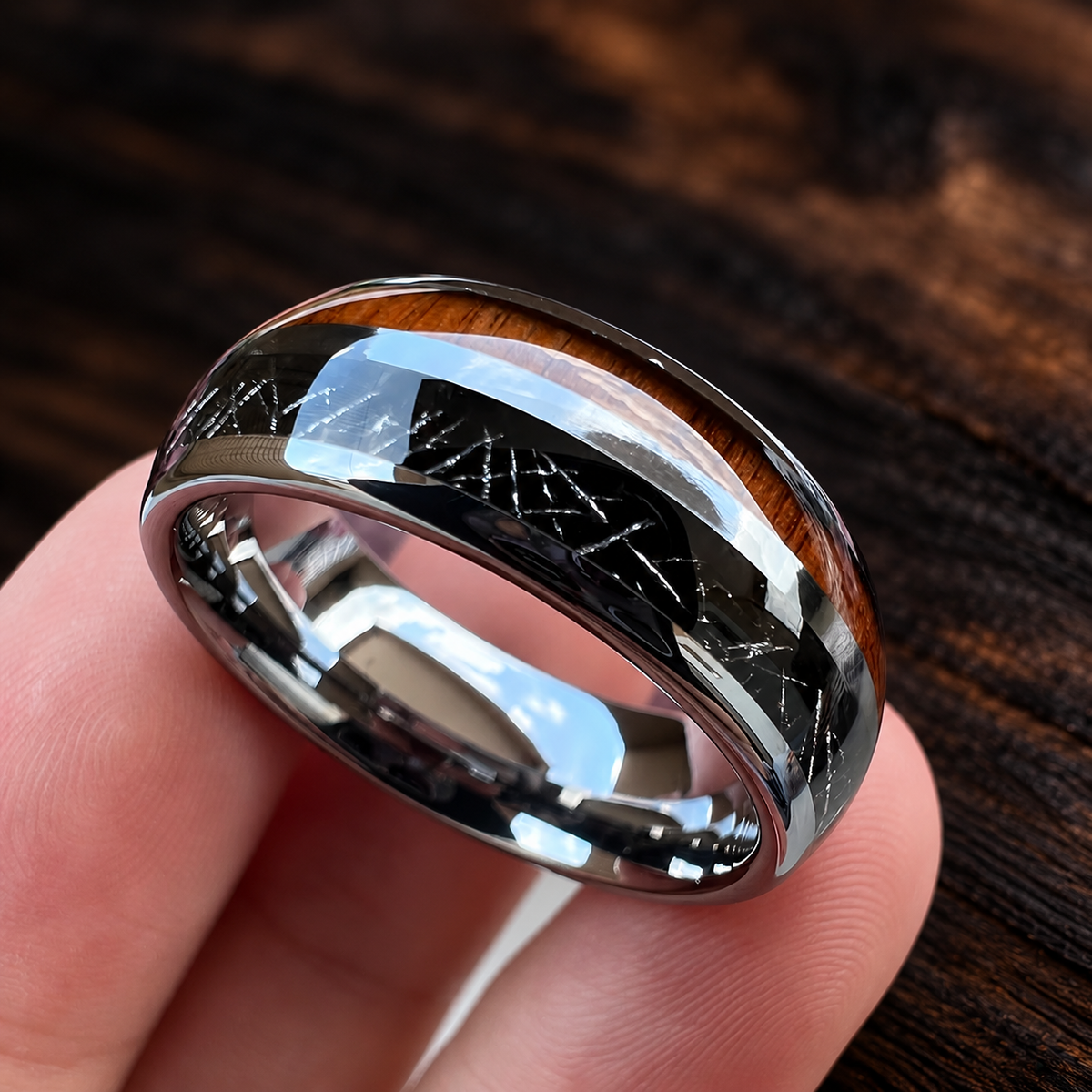 The Meteorkoa - Koa Wood and Black Meteorite Tungsten Ring