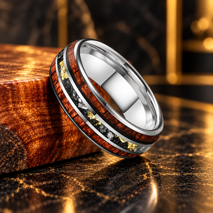 Hawaiian Koa Wood and Meteorite Tungsten Ring with Gold Foil