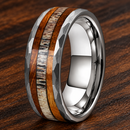 Hammered Tungsten Ring with Whiskey Wood and Antler Inlay