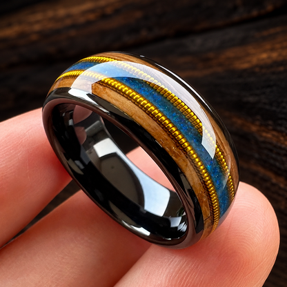 The Barrelnote - Whiskey Wood Opal and Guitar String Tungsten Ring