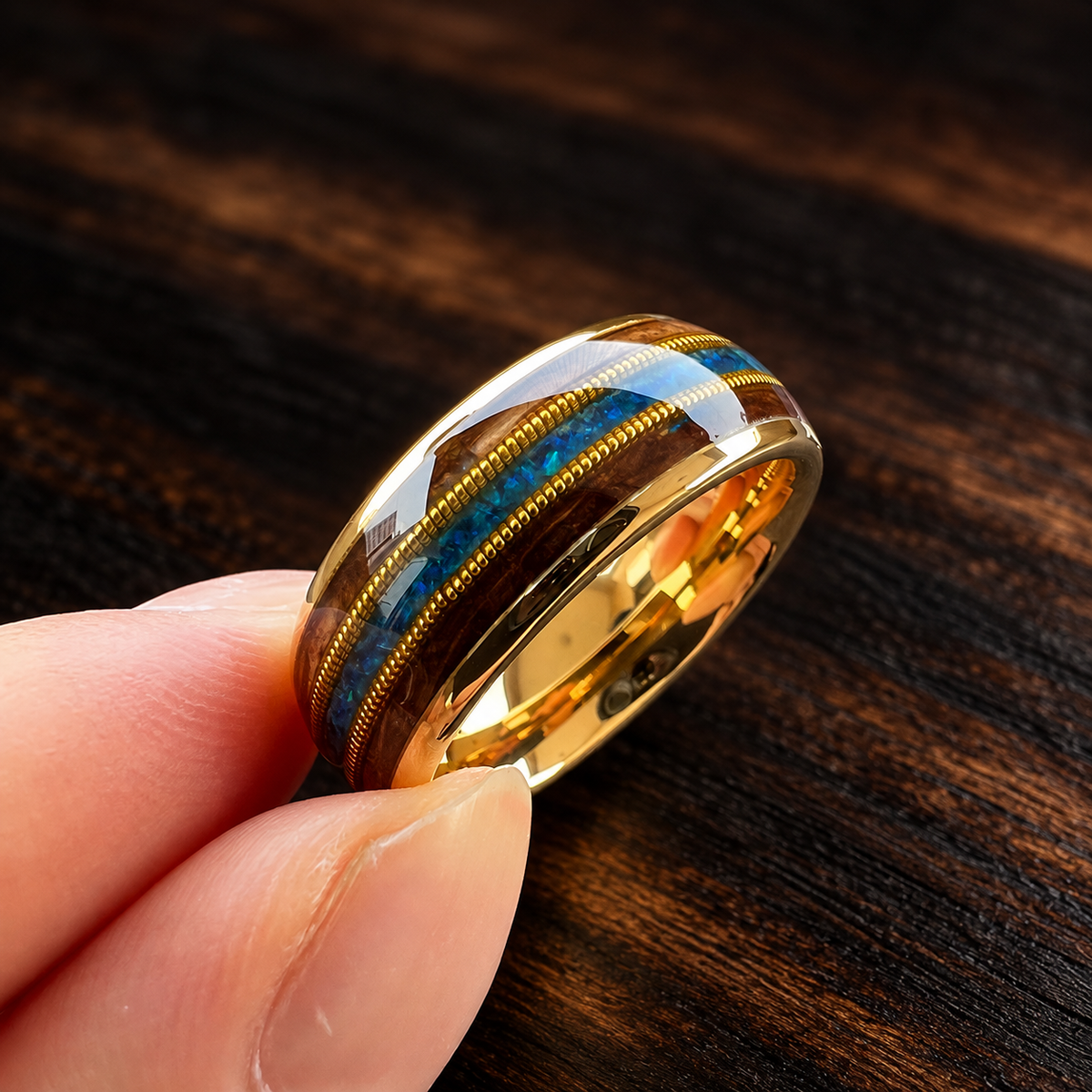 The Barrelnote - Whiskey Wood Opal and Guitar String Tungsten Ring