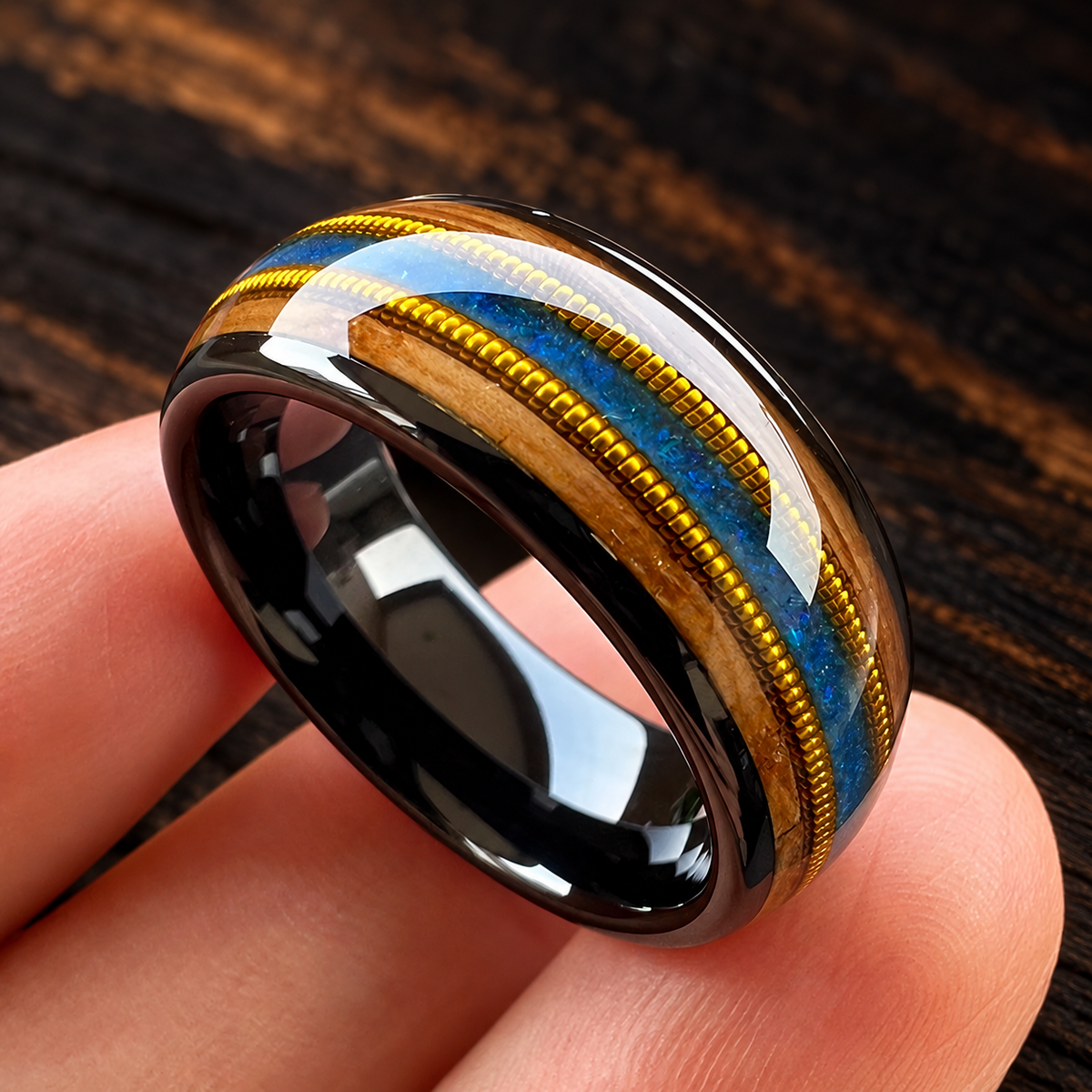 The Barrelnote - Whiskey Wood Opal and Guitar String Tungsten Ring