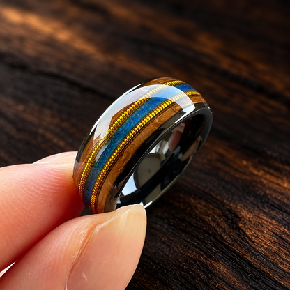 The Barrelnote - Whiskey Wood Opal and Guitar String Tungsten Ring