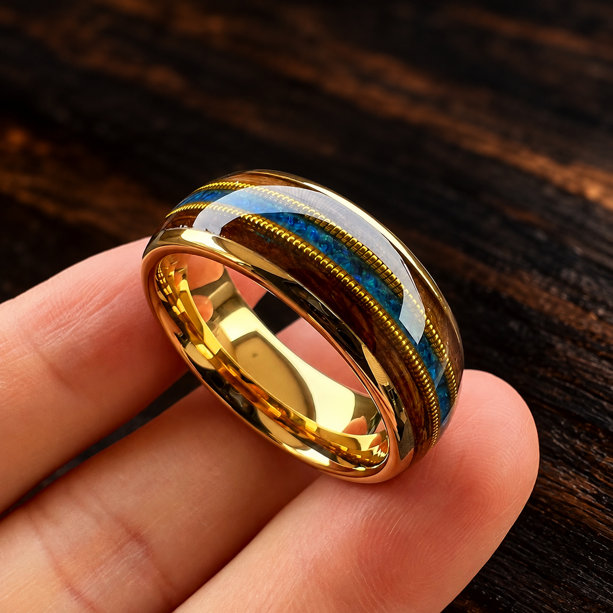 The Barrelnote - Whiskey Wood Opal and Guitar String Tungsten Ring