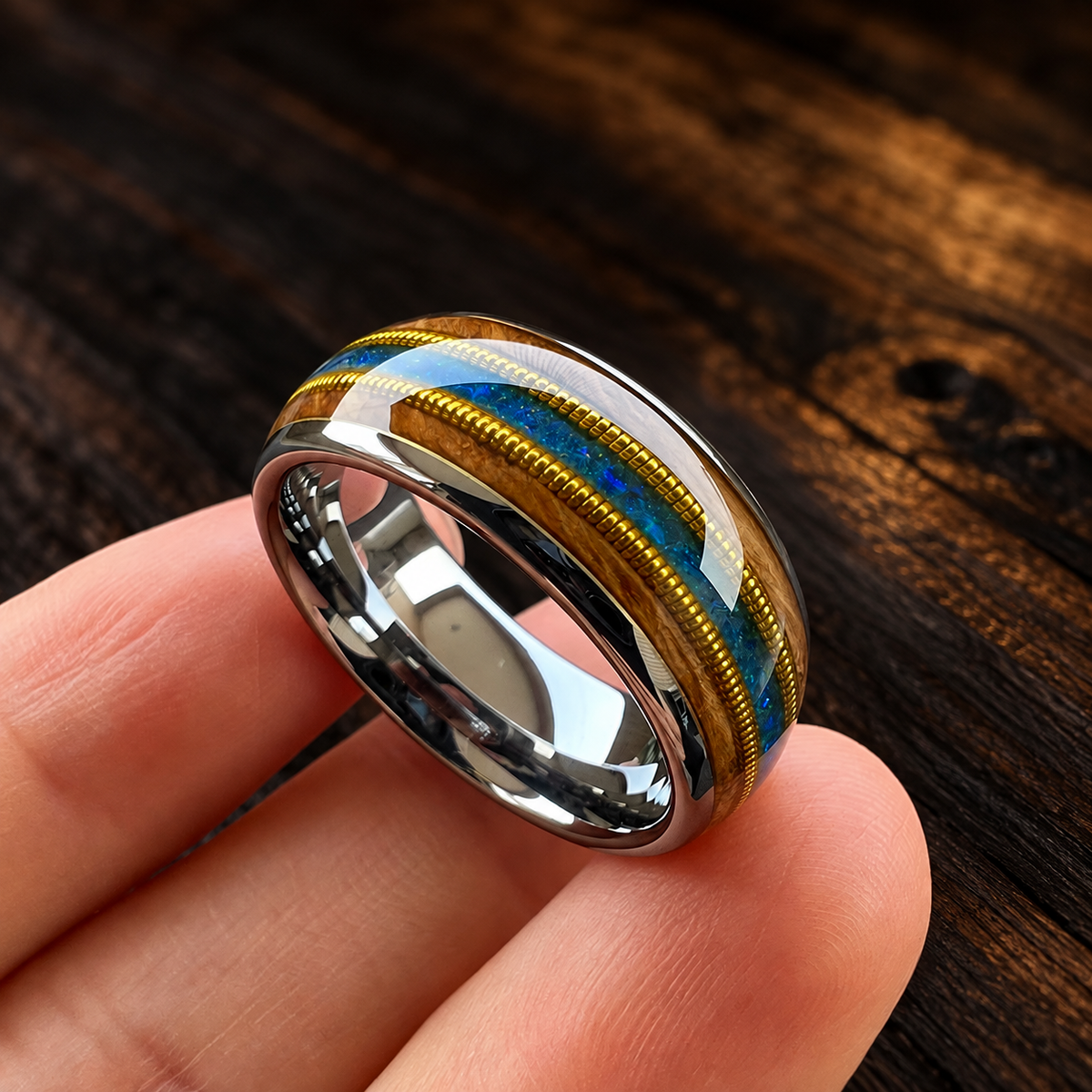 The Barrelnote - Whiskey Wood Opal and Guitar String Tungsten Ring