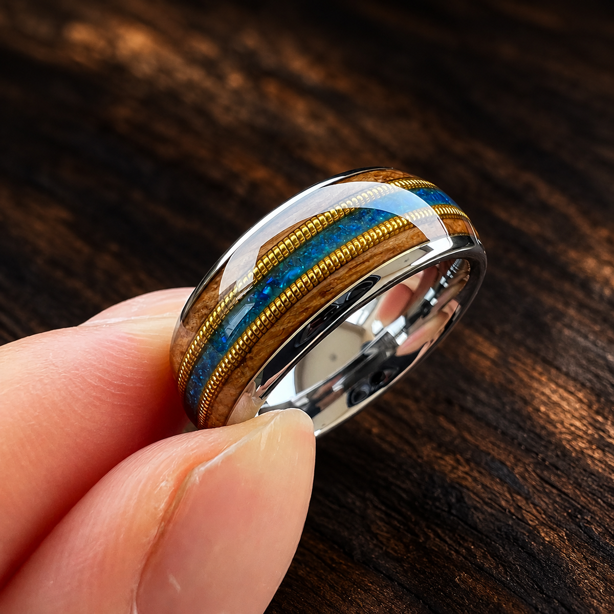 The Barrelnote - Whiskey Wood Opal and Guitar String Tungsten Ring